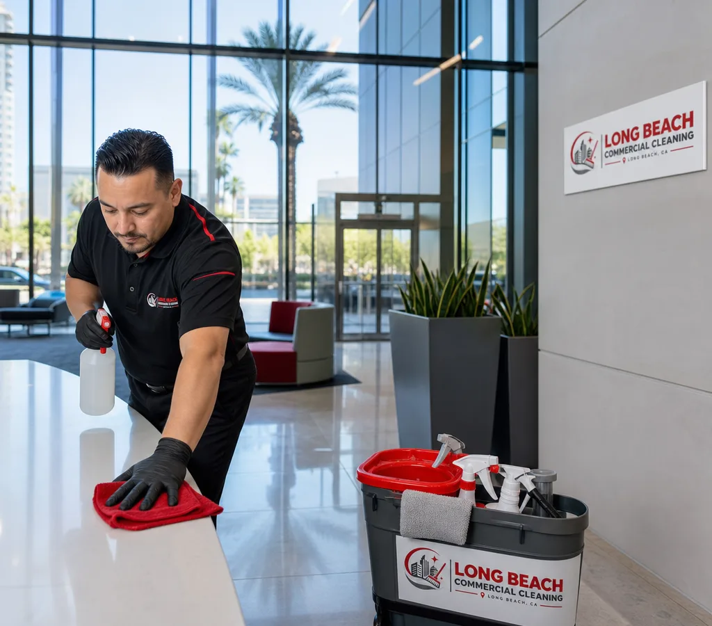 In a modern Long Beach office lobby, a commercial cleaning technician is disinfecting