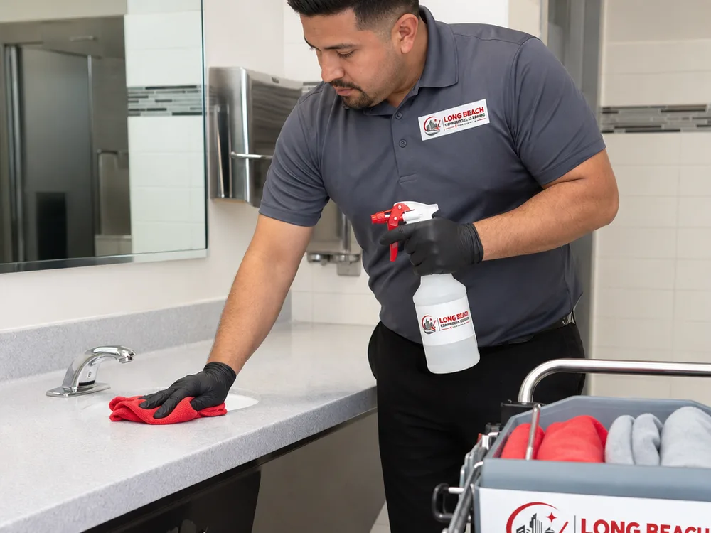 Within a professional commercial facility, a cleaner sanitizes a restroom