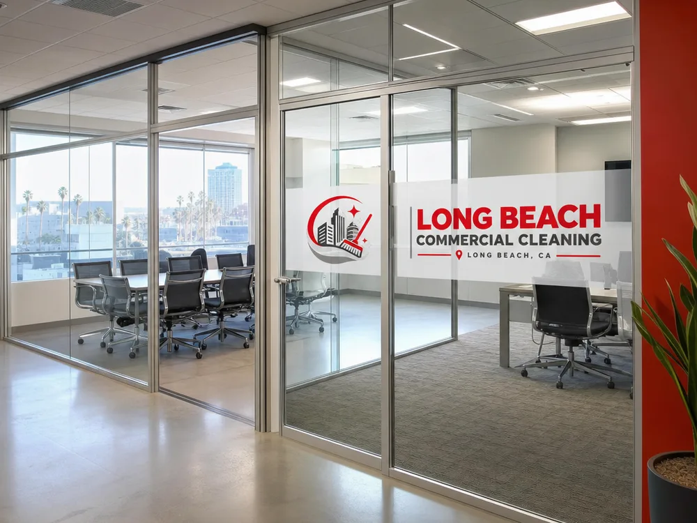 Clean interior office glass partitions and conference room windows in natural daylight