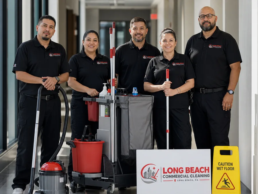A uniformed Long Beach commercial cleaning team with professional equipment